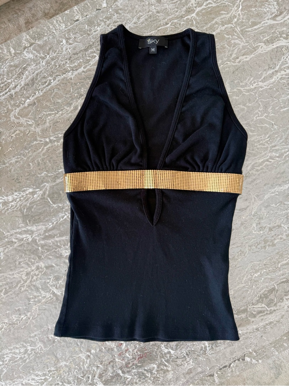 Sky Black V-Neck Tank with Gold Embellished Band